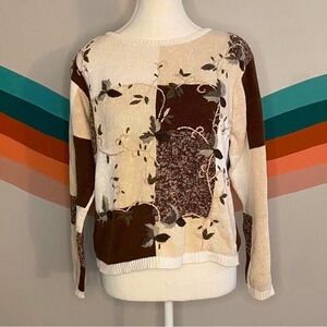 dressbarn Cream and Brown Abstract Crew Neck Sweater